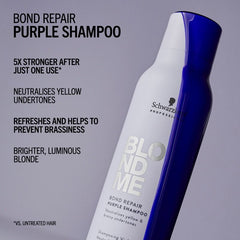 Bond Repair purple shampoo bottle with white label and blue cap