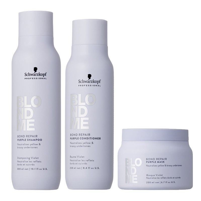 Schwarzkopf Blondme Bond Repair purple shampoo, conditioner bottles, and mask jar