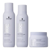 Schwarzkopf Blondme Bond Repair purple shampoo, conditioner bottles, and mask jar
