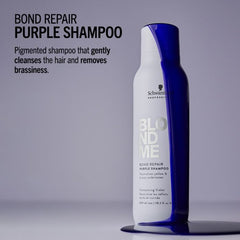 Schwarzkopf Blondme Bond Repair Purple Shampoo bottle, white with blue cap