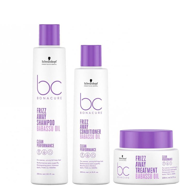 Schwarzkopf Professional BC Bonacure Frizz Away shampoo, conditioner, and treatment bottles