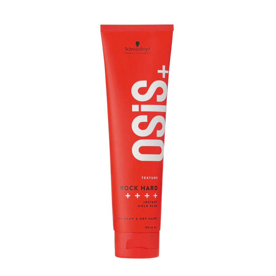 Red hair styling glue tube with OSiS+ label, Rock Hard ultra strong hold, 150 ml