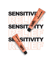 Peach toothpaste tube with black cap, Sensitivity Relief style graphic