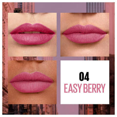 Berry pink lipstick swatches on lips, shade 04 Easy Berry