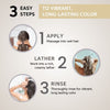 3-step hair color care process diagram with apply, lather, and rinse panels