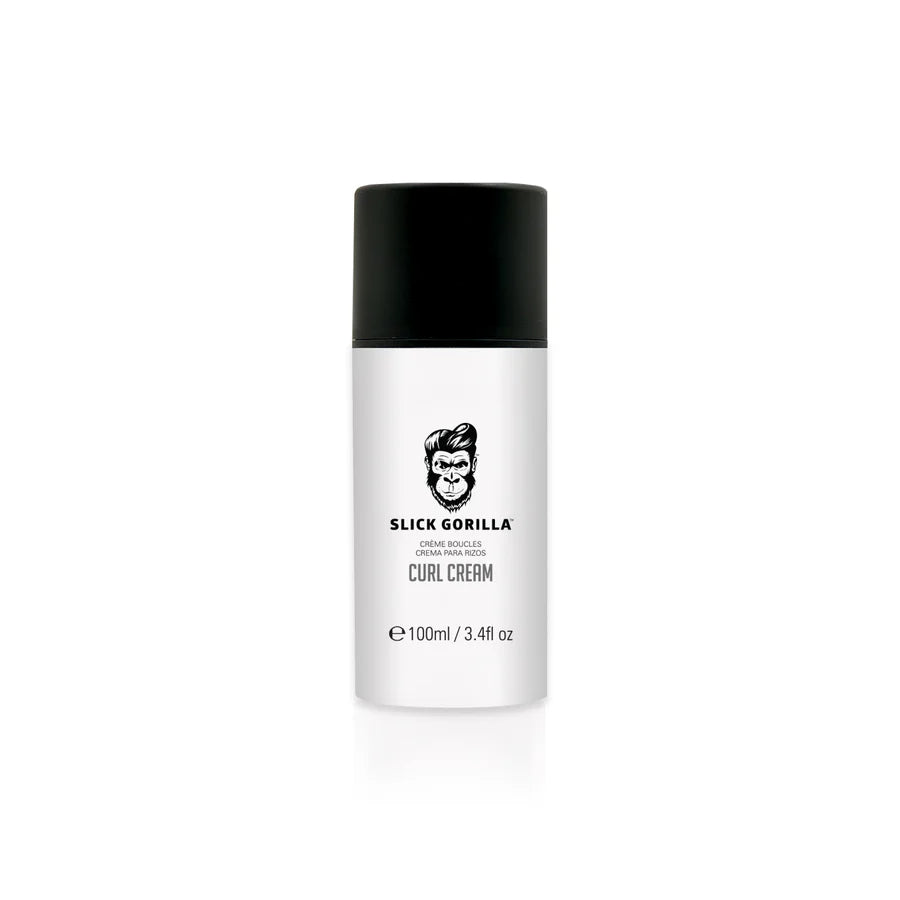 Slick Gorilla curl cream bottle, white label with black cap, 100ml/3.4 fl oz.