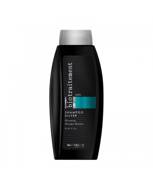 Shampoo bottle Biotraitement Men Silver with teal label on dark container