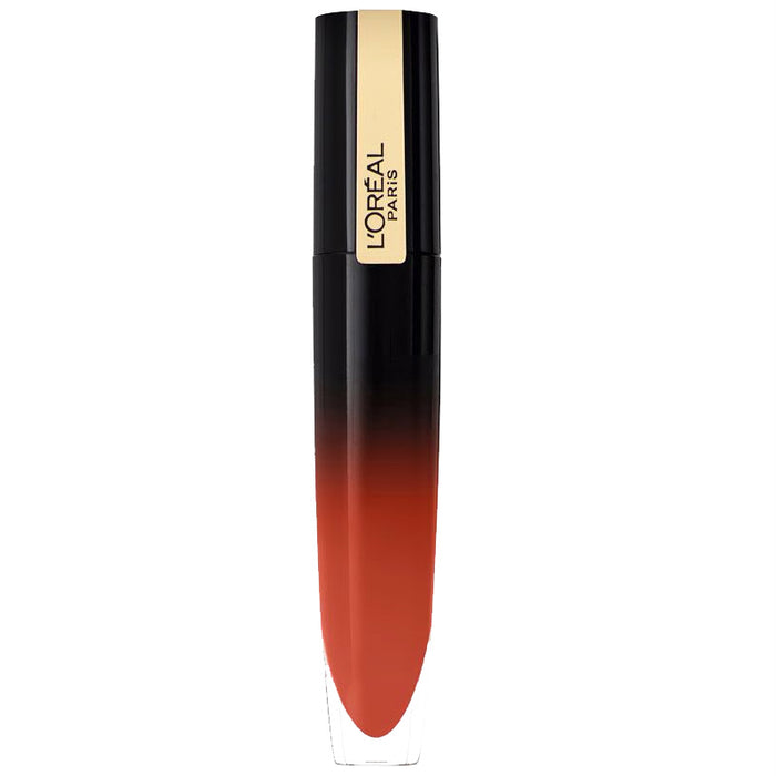 Lip gloss tube with black cap and gold label, warm brown-red shade.