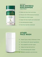 Biotique rice water & niacinamide face wash bottle beside another white bottle