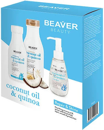 Repair and Shine gift pack with pump bottle and two coconut oil & quinoa bottles