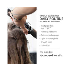 Trigger spray bottle applying heat protection onto hair near a hair dryer