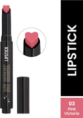Pink Victoria lipstick in black tube, heart-shaped pink cap visible