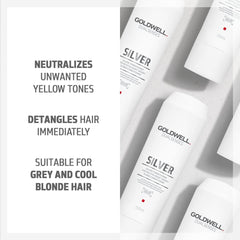 Silver shampoo and conditioner bottles with white labels arranged diagonally
