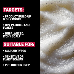 Hair & scalp scrub graphic listing targets and suitable-for skin and hair types