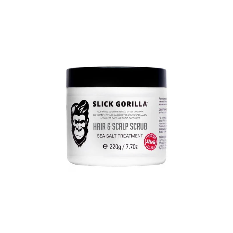 Hair & scalp scrub jar, white with black lid and Slick Gorilla label