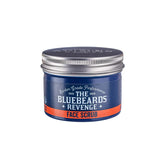 Bluebeards Revenge face scrub jar with silver screw lid and blue front label