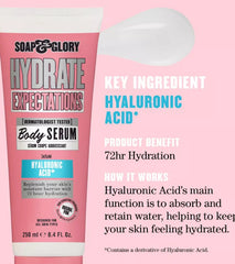 Hydrate Expectations body serum front and info panel with hyaluronic acid