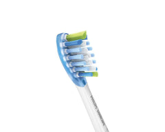 Philips Sonicare C3 brush head angled view, blue bristles with green end strip