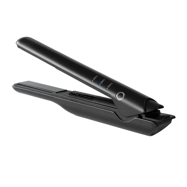Mini cordless hair straightener, black with round control button and flat plates