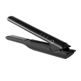 Mini cordless hair straightener, black with round control button and flat plates