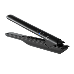 Mini cordless hair straightener, black with round control button and flat plates