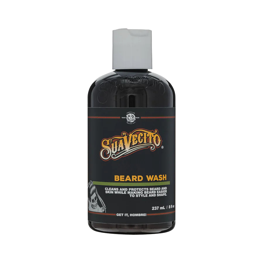 Suavecito beard wash bottle with black label and orange trim