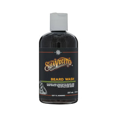 Suavecito beard wash bottle with black label and orange trim