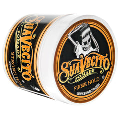 Suavecito firm hold pomade tub with black and gold label, white lid