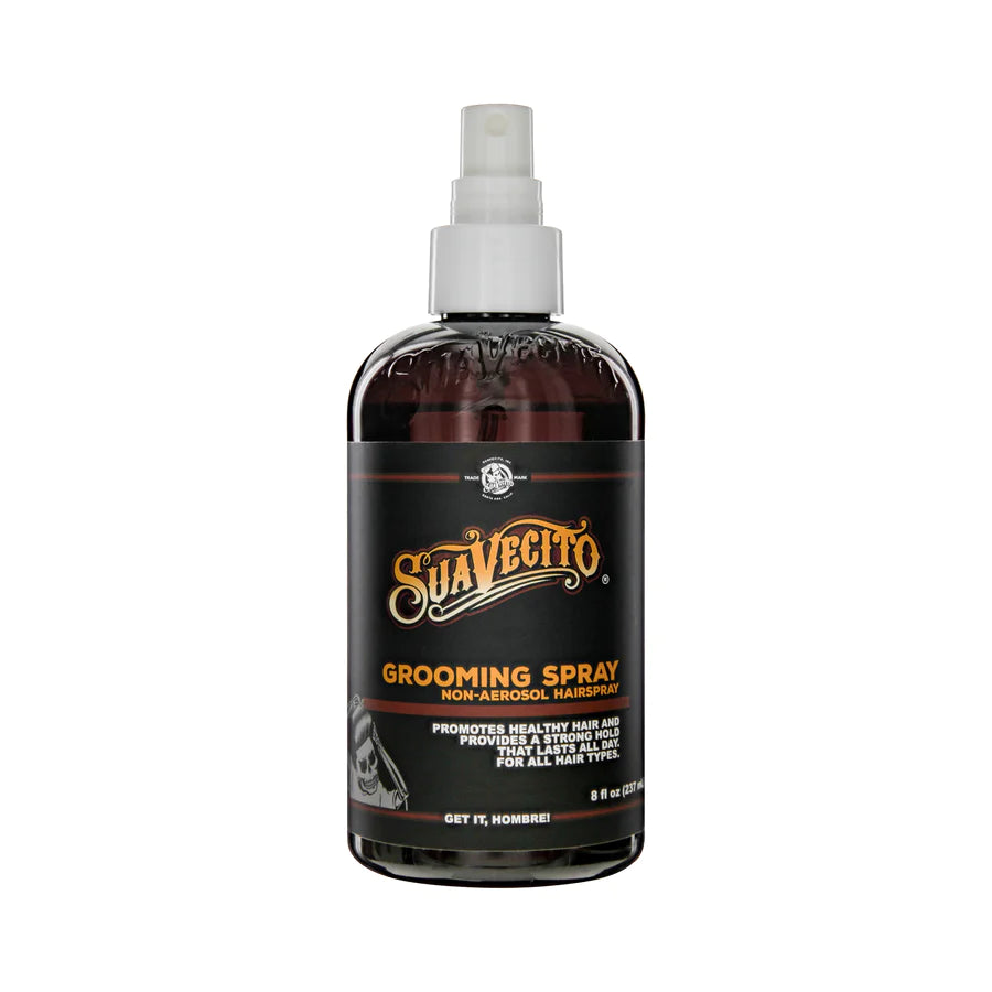 Grooming spray bottle with pump, dark amber liquid, labeled transparent plastic