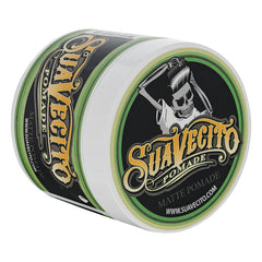 Suavecito matte pomade jar, stacked view with black label and skull icon