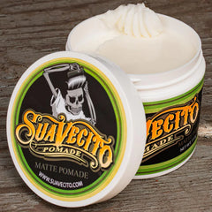 Suavecito matte pomade jar with pale cream product showing in open lid