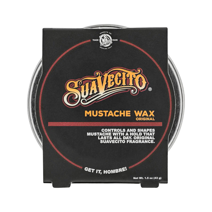 Suavecito mustache wax box, black with red logo and “Mustache Wax” label