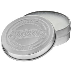 Silver Suavecito mustache wax tin with embossed logo on lid