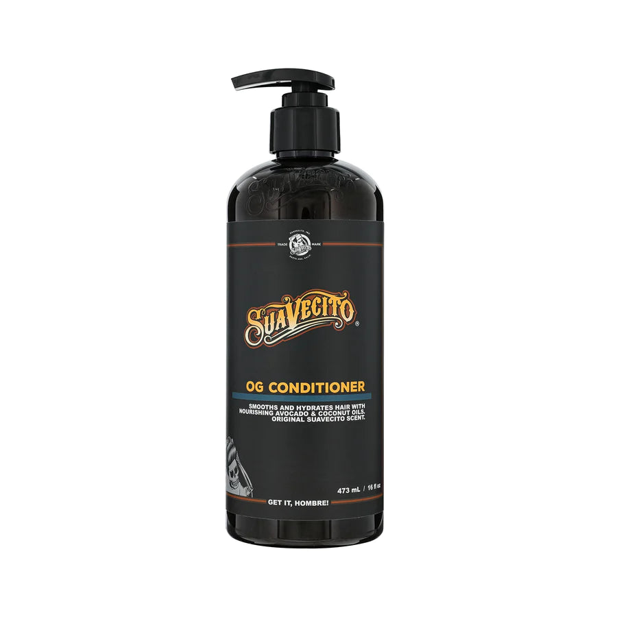 Men's OG conditioner bottle with pump, dark amber bottle and black label