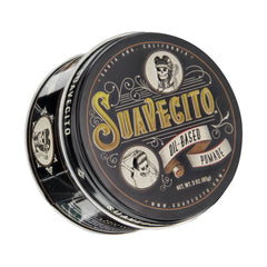 Oil-based pomade tin, black round container with gold circular Suavecito label