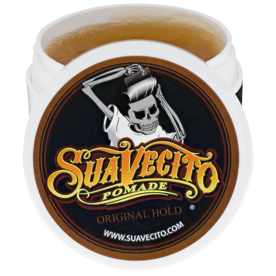 Suavecito Original Hold pomade tin, medium-shine styling wax with skull logo label