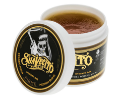 Whiskey bar pomade jar with gold-and-black lid label; open lid shows amber product