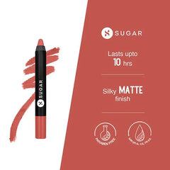 Matte lip crayon with nude rose crayon and red-rose swatch marks