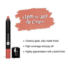 Matte lip crayon with nude rose barrel and swatch, plus black sharpener