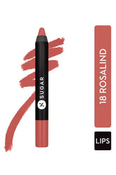 Matte lip crayon, dusty nude rose, with black cap; shade card reads 18 Rosalind