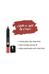 Matte as Hell lip crayon in dusty nude rose; feature bullets on packaging card
