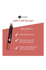 Dusty nude rose matte lip crayon with free dual sharpener; info card with checkmarks