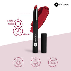 Matte lipstick tube and cap in black with red bullet tip and red swatch smear