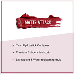 Matte red lipstick smear with product feature graphic on a label card