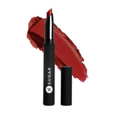 Matte attack transferproof lipstick, black tube with red bullet and red lip swatch