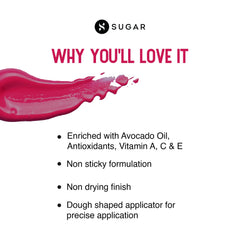 Sugar Mettle liquid lipstick swatch and doe-foot applicator; non-sticky finish