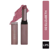 Rosy pink satin lipstick with open bullet, silver tube, black base, and lip swatch