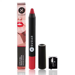 Sugar matte crayon lipstick set with rose pink tube, cap, and sharpener