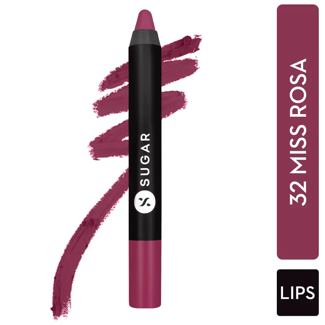 Matte crayon lipstick in dusky rose with lip swatch, pointed tip and slim barrel