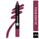 Matte crayon lipstick in dusky rose with lip swatch, pointed tip and slim barrel